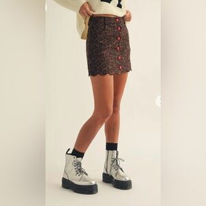LovLov mini skirt in leopard print A-Line Button Up Front Scalloped trim Juniors